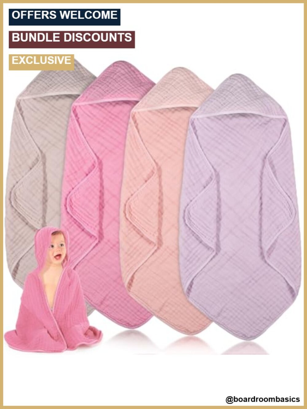 4 Pc Muslin Hooded Baby Towels 32x32 Inch 6 Layer Soft Bath Towels